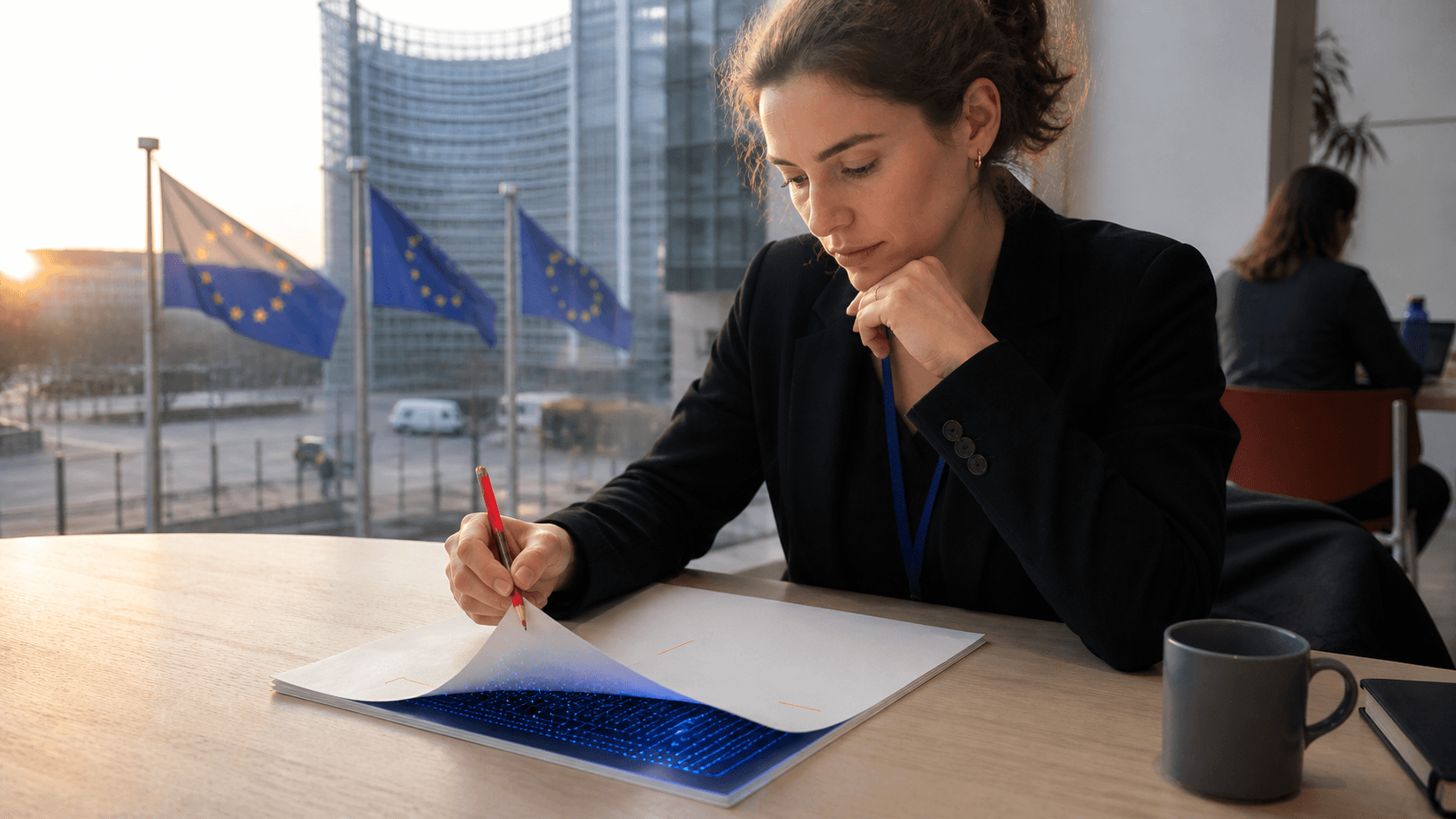 A woman in a dark blazer with a lanyard sits at a table by a window, a red pencil in her hand, lifting the corner of a printed document. Beneath the raised page a dense blue grid of glowing points is revealed, as though embedded in the paper itself. Outside, European Union flags fly in front of the Berlaymont building at sunrise. A colleague works at a desk behind her.
