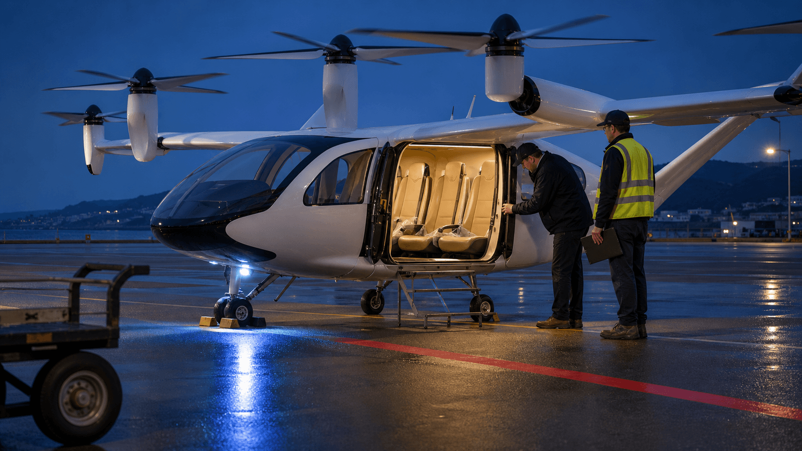 A white electric air taxi with multiple wing-mounted rotors stands on wet tarmac at blue hour, its passenger door open and the cabin lit from within. The four tan seats inside are still sealed in factory plastic. Two men stand at the doorway inspecting the empty cabin, one in a high-visibility vest holding a folder.