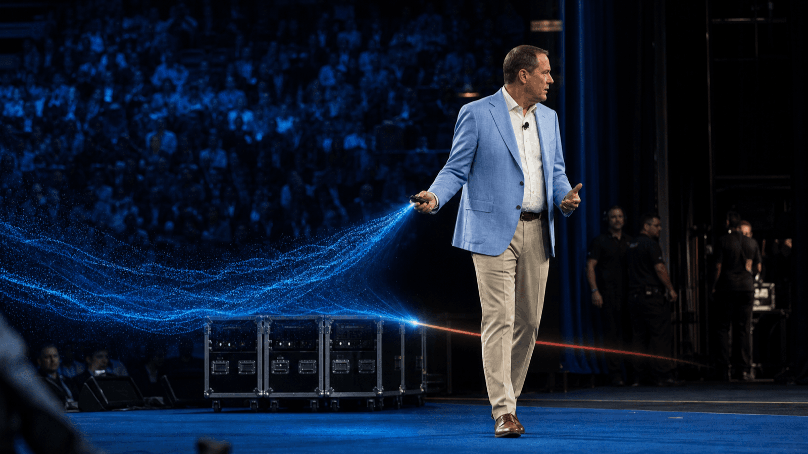 A man in a light blue blazer and chinos walks a keynote stage in front of a large blue-lit audience, a presenter's clicker in one hand. A dense cloud of blue particles streams from his hand and sweeps away to the left, narrowing to a single bright point at a stack of black equipment cases, from which one thin red line continues off to the right. Crew in black stand in the wings.