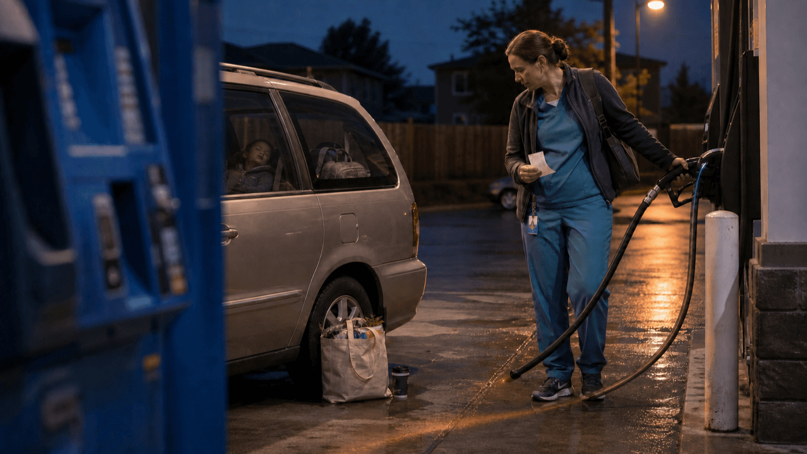 A woman in medical scrubs and a fleece fills a silver minivan at a service station at dusk, a receipt in her free hand, looking down at the nozzle. A child sleeps in a car seat inside the van. A tote of groceries and a takeaway coffee cup sit on the wet ground beside the car, and a thin thread of light runs along the pavement between them and the pump.