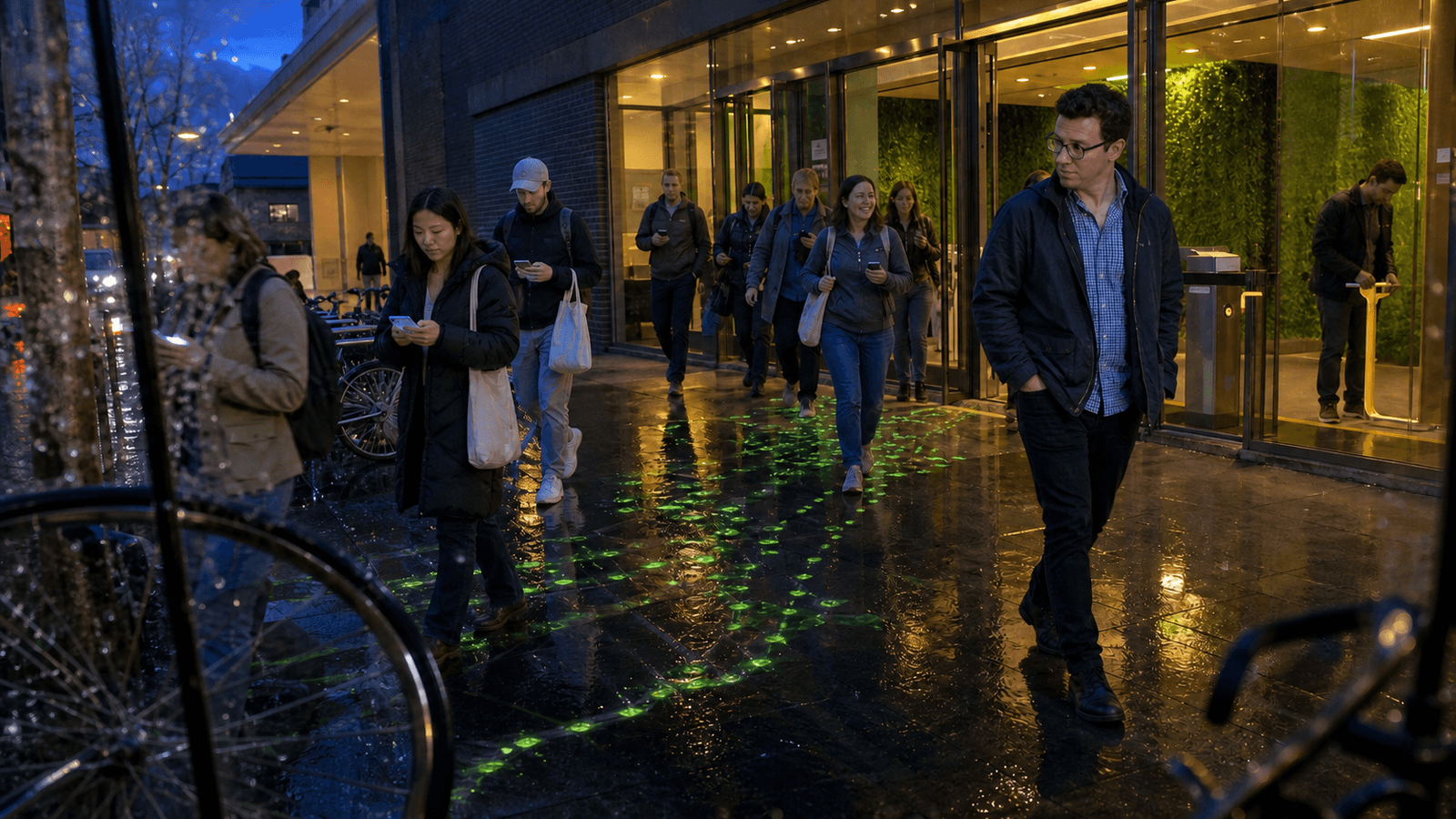 Commuters walk out of a lit office lobby onto a wet pavement at dusk, several looking at their phones. Across the wet stone a network of small green nodes and connecting lines glows underfoot, spreading densely beneath the crowd. Bicycles are parked at the kerb in the foreground.