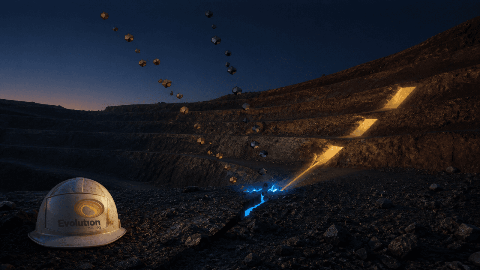 At blue hour, two streams of gold- and copper-toned ore fragments descend over an open pit toward a glowing cyan fissure, while three gold light facets rise past a grounded Evolution Mining hard hat.