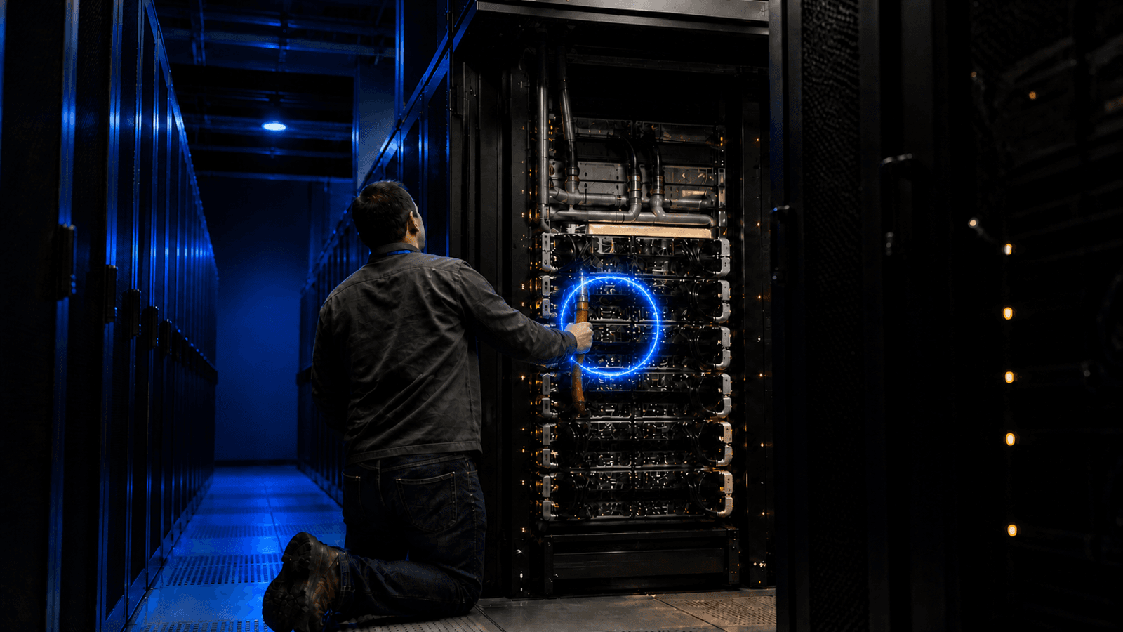 A technician kneels in a dark server aisle, one hand on an open rack where a single ring of blue light glows among the server hardware, with rows of racks receding into blue-lit darkness behind him.
