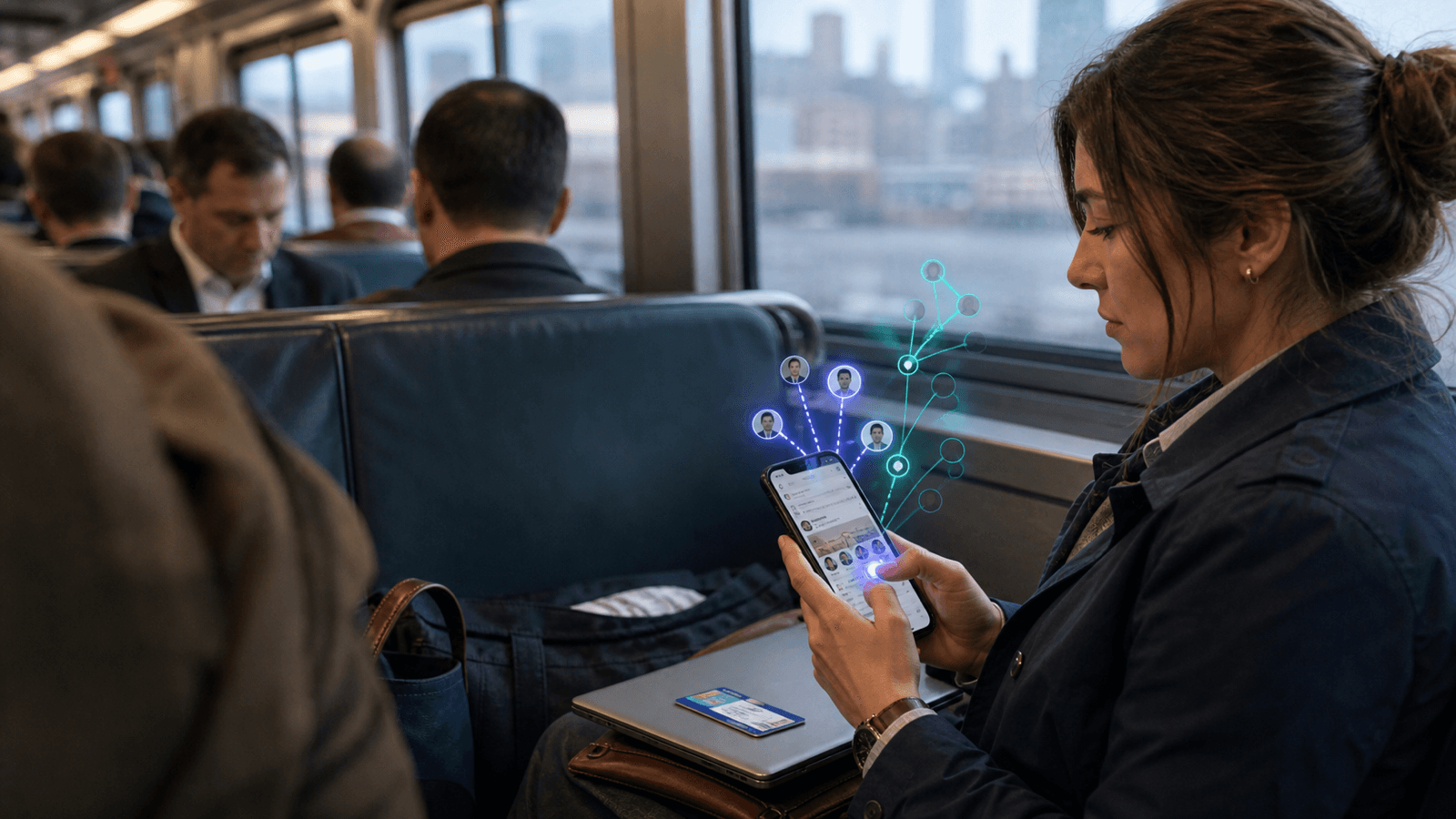 A woman in a navy jacket sits by the window of a commuter train, scrolling a social feed on her phone. A spray of glowing nodes rises from the screen: a bright blue cluster on the left carrying profile photographs of real faces, and a dimmer teal branch on the right whose nodes are empty grey circles that fade out. Other passengers and a city skyline are visible beyond her.