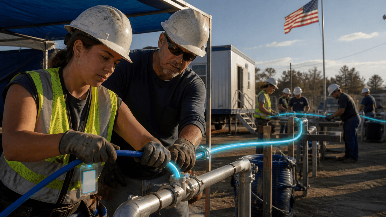 An apprentice in a high-visibility vest and hard hat and an older tradesman in sunglasses work together to fit a blue conduit into a steel manifold in a sunlit outdoor training yard. A glowing blue line runs through the joint they are making and continues along the row of workstations behind them, where more crews work in pairs. A site trailer and a United States flag stand at the back.