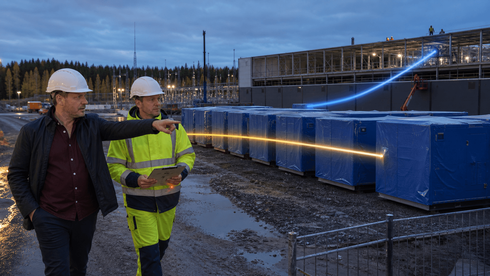 Two men in white hard hats walk a muddy site road at dusk beside a long row of tarpaulin-wrapped equipment on pallets. One, in a high-visibility jacket, holds a clipboard and points ahead. Two lines of light run along the row towards a half-built data hall lit in the distance: a warm yellow one holding level and a blue one curving sharply upward. Pine forest and a substation stand behind.