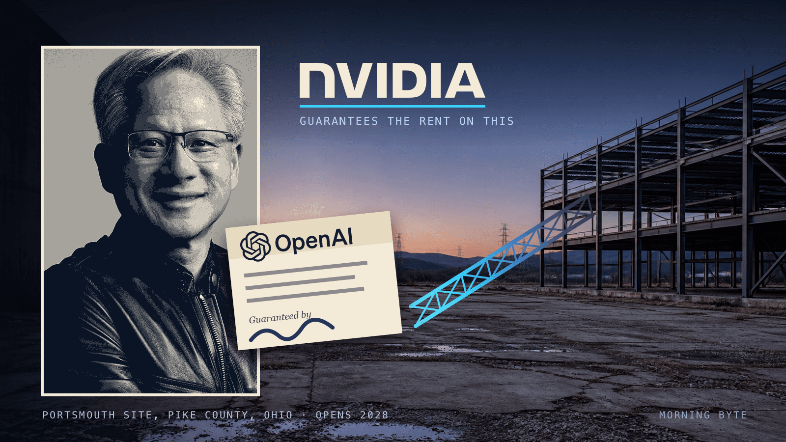 A composite editorial graphic. At left, a halftone portrait of Nvidia's Jensen Huang in a leather jacket, framed like a poster. Across the top the NVIDIA wordmark sits above the line GUARANTEES THE RENT ON THIS. At centre a cream document card carries the OpenAI logo, three blank ruled lines, and a signature beneath the words Guaranteed by. Behind them a photograph shows an unfinished steel-frame building on a cleared lot at dusk, a blue crane boom angled up toward it and power pylons on the horizon. Along the bottom edge: PORTSMOUTH SITE, PIKE COUNTY, OHIO, OPENS 2028, and MORNING BYTE.