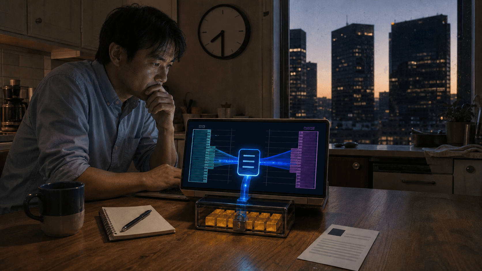 A man sits alone at a kitchen table before dawn, chin resting on his hand, watching a laptop. On the screen two columns of stacked bid and offer bars, teal on the left and magenta on the right, feed inward along glowing threads into a single document icon at the centre; the screen's own labels are too indistinct to read. Below the laptop sits a locked glass case of gold blocks with a light running from it up into the screen. A wall clock reads about seven and a lit city skyline stands beyond a rain-flecked window.