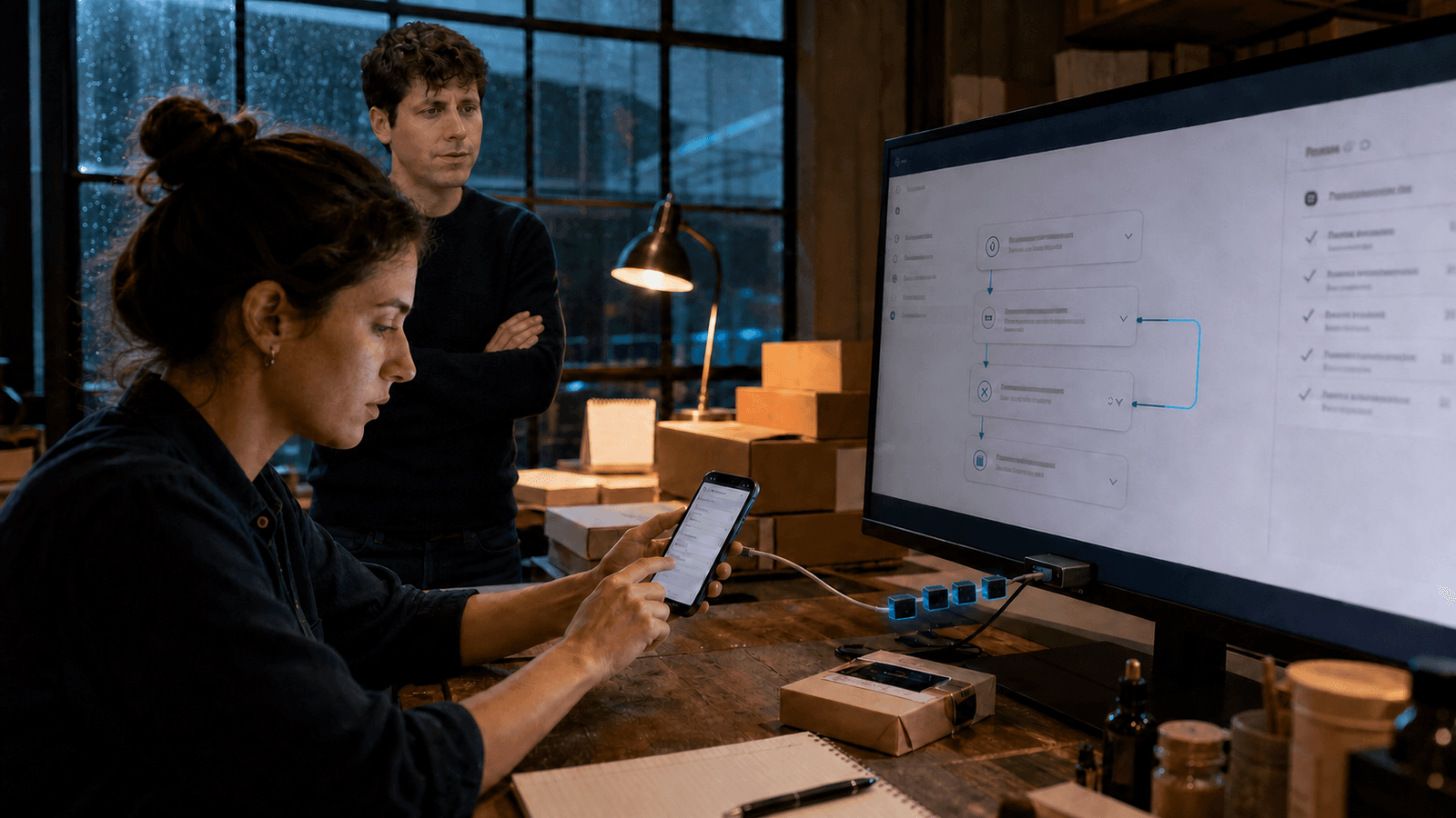 Two people work at a wooden bench in a small warehouse studio at night, stacked shipping boxes and a desk lamp behind them. A woman in the foreground taps a phone cabled to a large monitor while a man stands behind her with his arms folded, watching. The monitor shows a vertical flow of connected step cards with a checklist down one side; its own text is too small and indistinct to read. Four small blue-lit cubes sit in a row along the cable where it meets the screen.