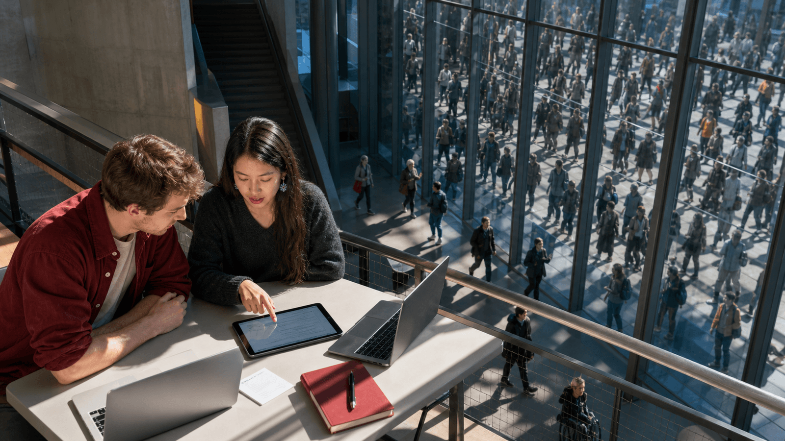 Two researchers sit at a plain table on a mezzanine, heads together over a tablet showing a document, laptops and a red notebook beside them. Through the full-height glass wall behind them a crowd fills the sunlit plaza below, and as it recedes the figures resolve into repeating copies of the same few people, arranged in a grid.