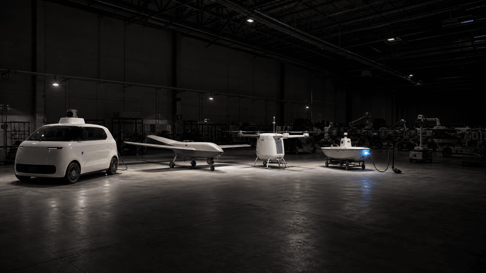 Four different autonomous machines stand lit on ground power in a dark hangar: a passenger-sized road vehicle with a roof sensor dome, a fixed-wing aircraft, a rotor aircraft, and an uncrewed boat hull on a wheeled cradle. Rows of unpowered hardware recede into darkness behind them.