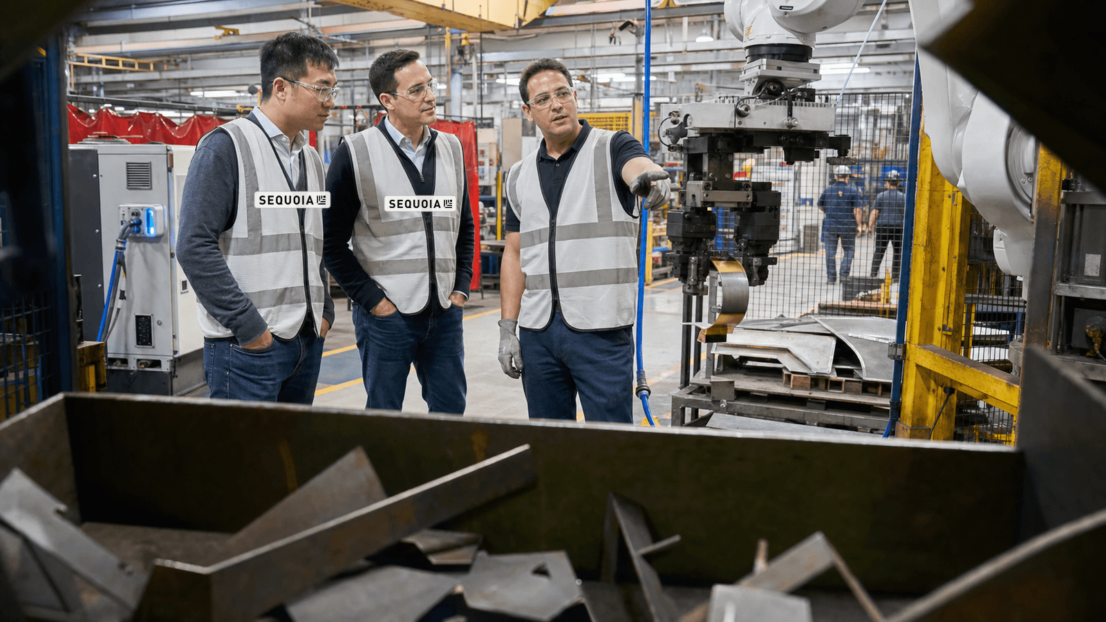 Three men in white safety vests stand on a factory floor beside a robotic press. Two wear vests marked SEQUOIA; the third, in work gloves, points toward the machine as it lifts a curved sheet of metal. A bin of steel offcuts fills the foreground and workers stand behind a safety cage in the background.