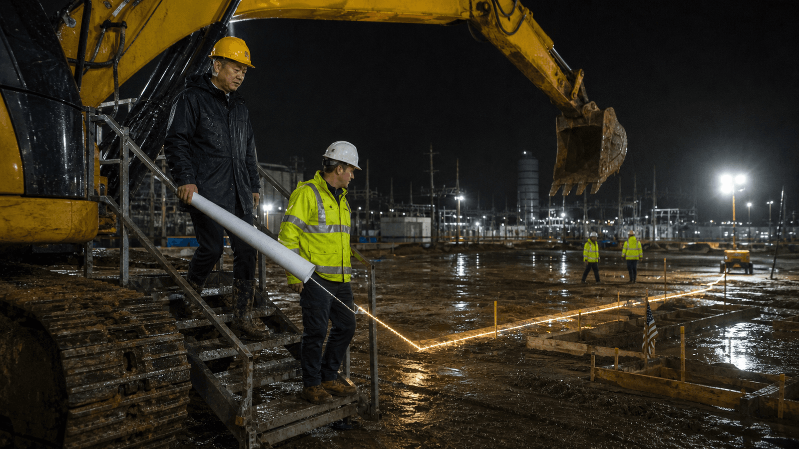 Two men in hard hats step down from an excavator onto a floodlit construction site at night, mud underfoot and rain on their jackets. The man in front, in a high-visibility jacket, carries a rolled drawing whose edge trails a thin line of light down onto the ground, tracing the outline of timber foundation forms already staked across the site. A small United States flag stands at one of them. An electrical substation and a storage tank are lit in the distance.
