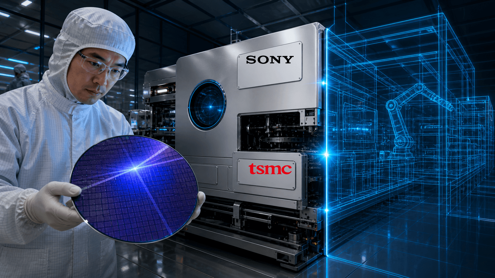 A technician in a white cleanroom suit and safety glasses holds a violet silicon wafer up to the light, beside a tall silver fabrication machine carrying Sony and TSMC nameplates. A blue wireframe of a robotic production line extends to the right.