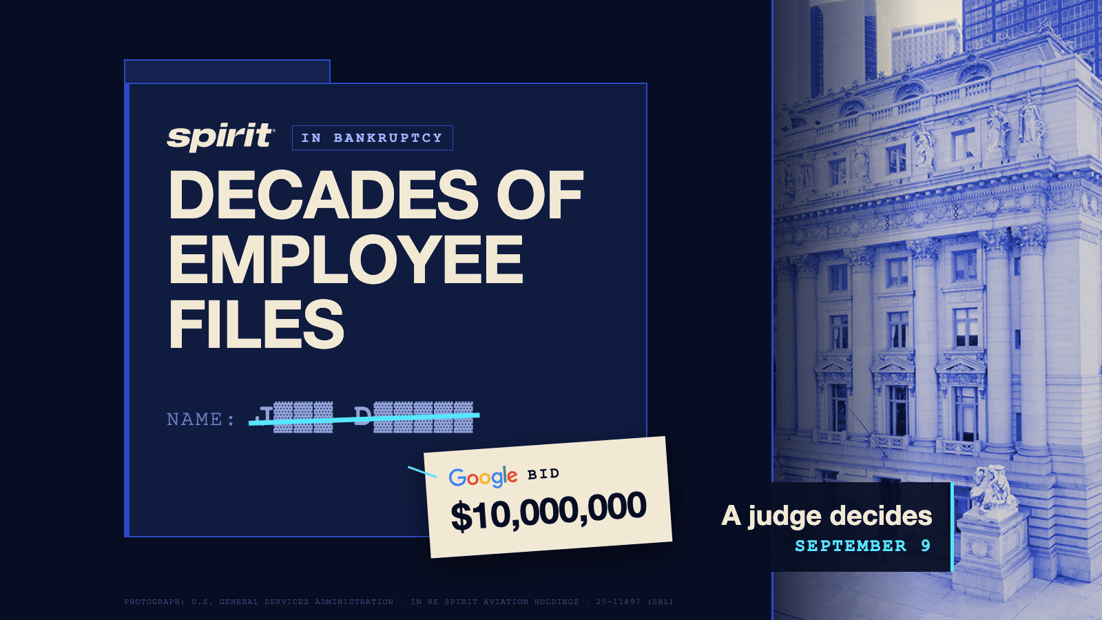 A giant navy file folder stamped with the Spirit Airlines wordmark and an In Bankruptcy chip, headlined Decades of Employee Files, with an employee name struck out in cyan. A cream tag carries the Google wordmark and Bid ten million dollars. On the right, the blue duotone Alexander Hamilton U.S. Custom House with the words A judge decides, September 9.
