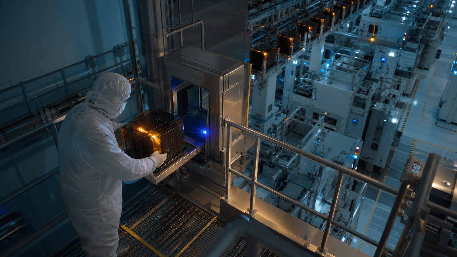 Seen from a walkway above, a technician in a full white cleanroom suit and mask loads an amber wafer carrier onto the tray of a tall processing tool. Below and beyond, a semiconductor fab floor runs away into the distance, lined with machines and an overhead track carrying more amber carriers, lit in blue and gold.
