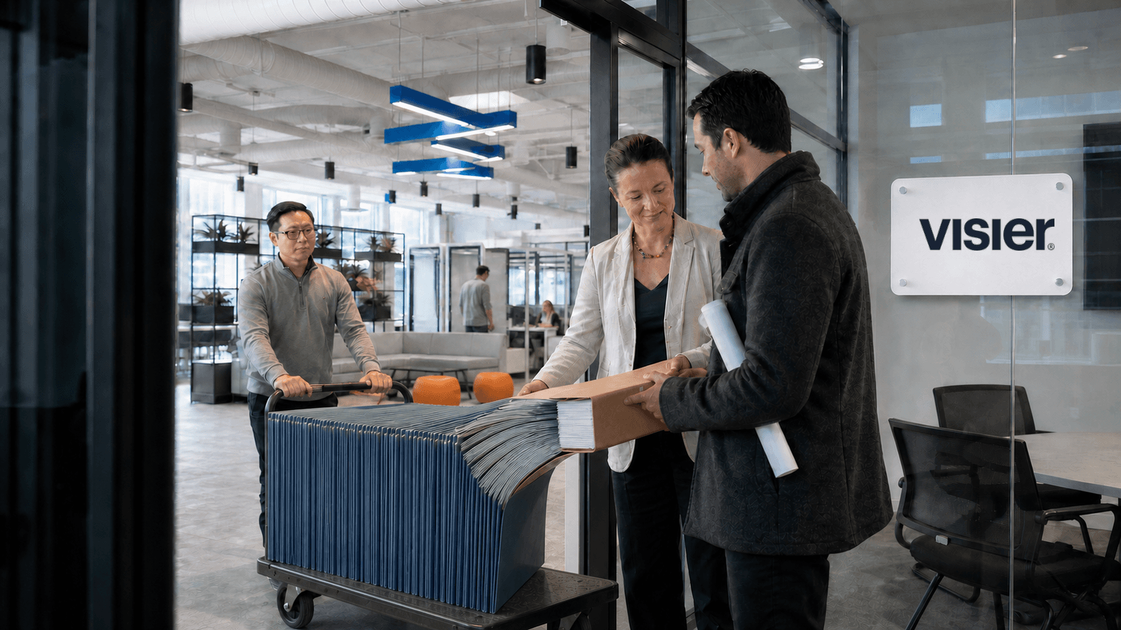 Three colleagues in a bright open-plan office beside a glass wall bearing the Visier sign. One pushes a trolley stacked with dozens of blue folders while two others hand over a cardboard document box.