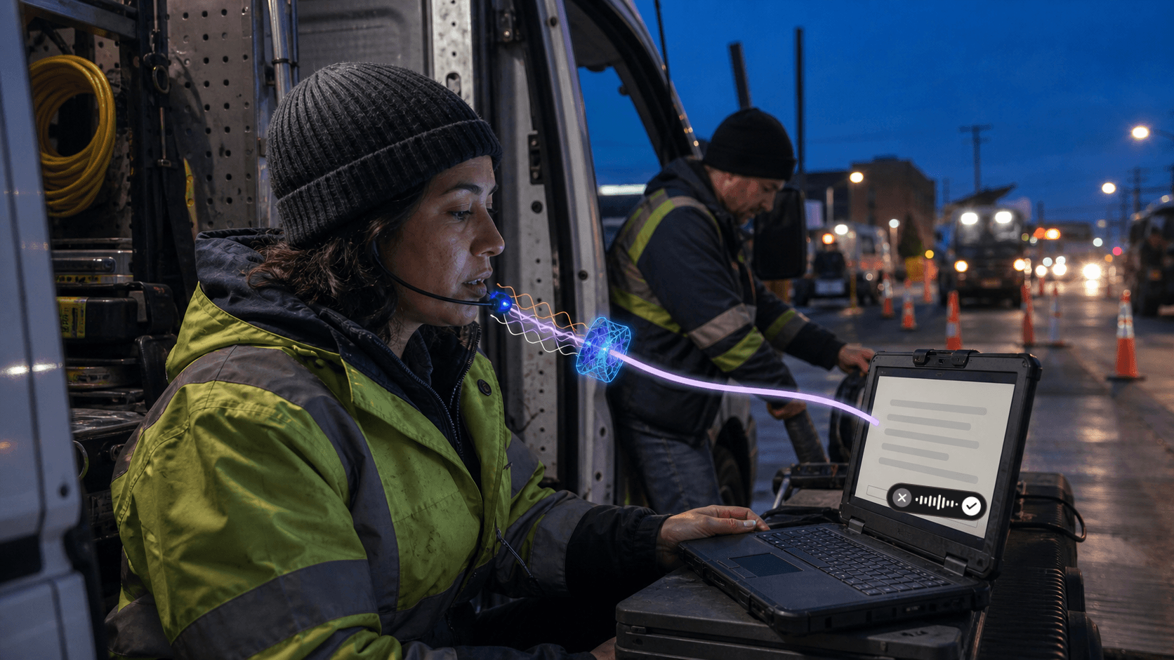 A road-crew worker in a high-visibility jacket and knit cap sits in the open side door of a work van at dusk, speaking into a slim boom microphone. A luminous blue thread of sound runs from her mouth to a ruggedised laptop resting on a toolbox, where it resolves into grey lines of finished text above a small waveform bar with reject and accept controls. Behind her a colleague works at the roadside among traffic cones and truck headlights.