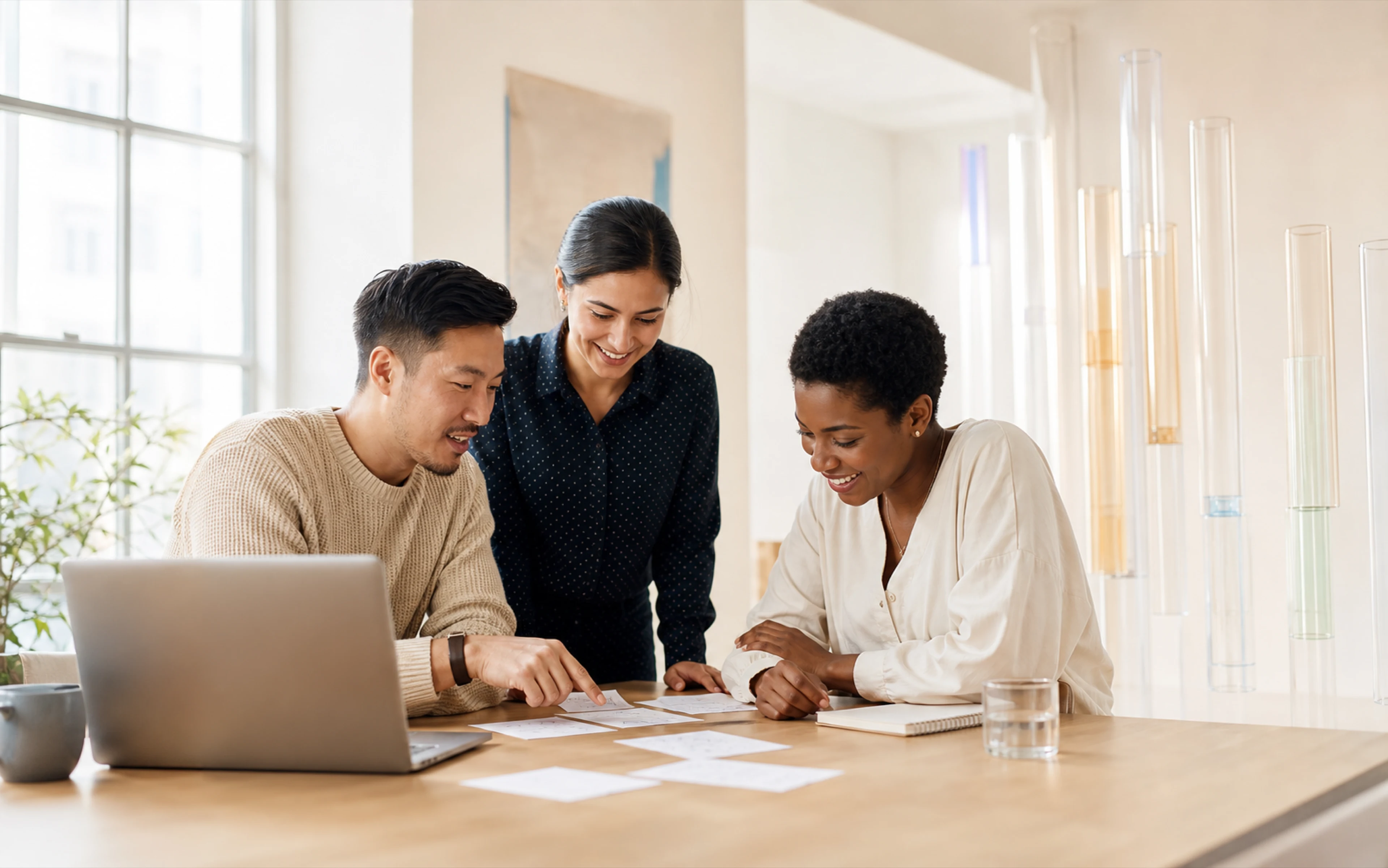 Sato reviewing a business workflow with a client team