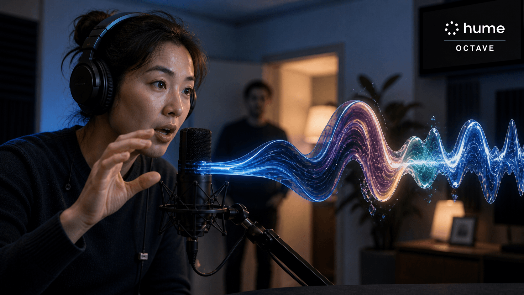 A woman in headphones leans into a studio condenser microphone in a dimly lit room, one hand raised mid-gesture and her expression animated. A luminous ribbon of sound leaves the microphone and travels right across the frame, shifting from blue through violet and warm orange into pale green as its waveform rises and falls. A second person watches from a doorway behind her, and a wall screen at top right carries the hume OCTAVE wordmark.