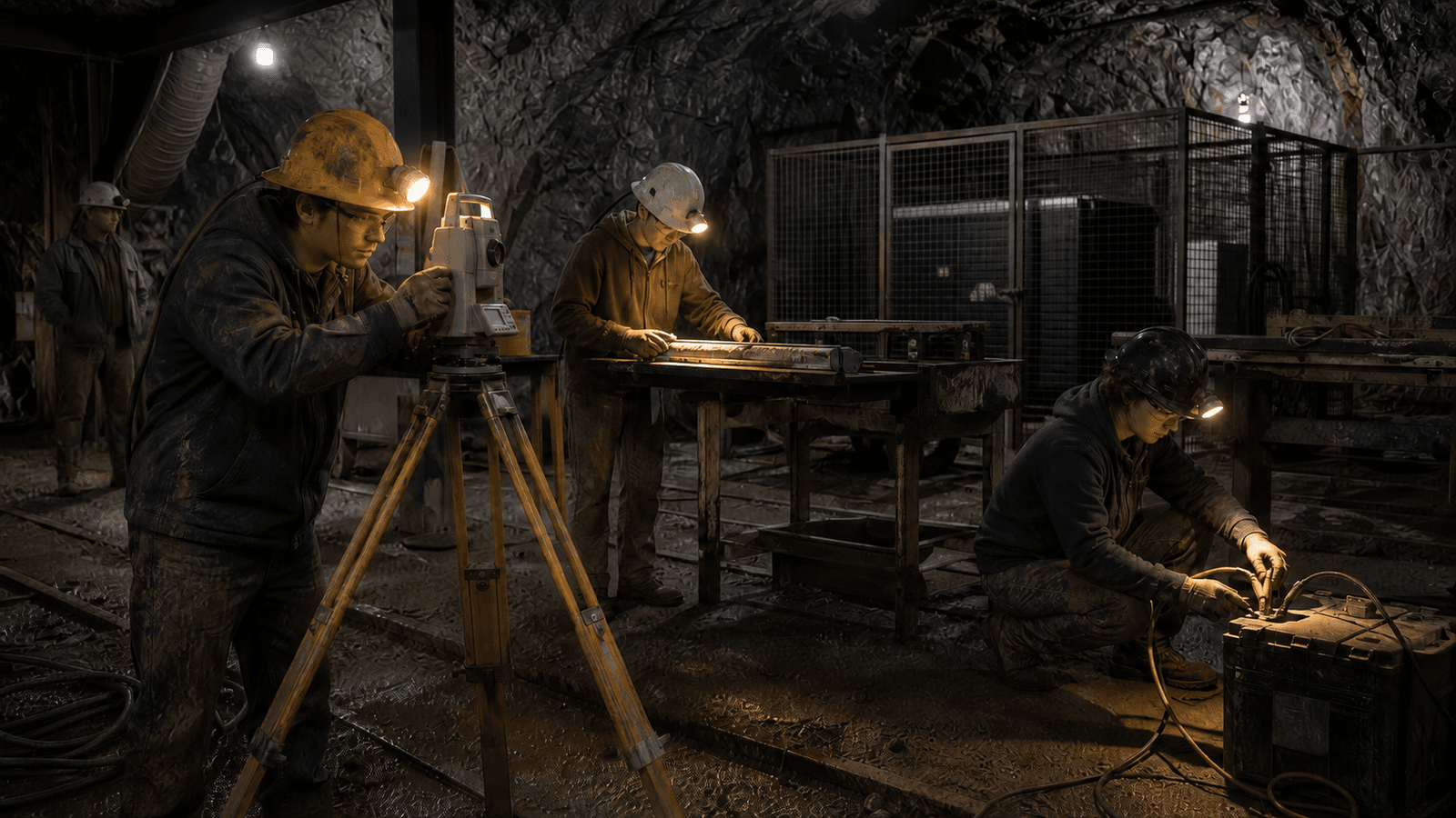 Three young trainees in hard hats with headlamps work at separate stations in an underground mine training gallery: one sighting through a surveying instrument on a yellow tripod, one examining a lit core sample laid along a bench, and one crouched wiring a control box. An instructor watches from the shadows at the left, with rough rock walls and caged equipment behind them.