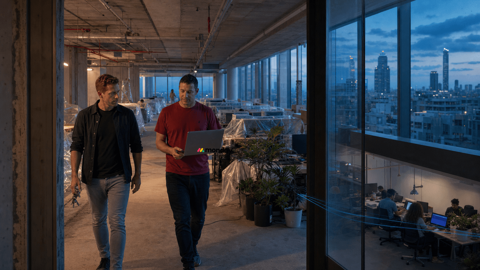 Two men walk through a mostly empty office floor at dusk, past rows of desks still sheathed in protective plastic. One carries an open laptop with the monday.com logo on its lid; the other holds a set of keys. Through a glass partition on the right a small team works at lit desks in the adjacent room, a city skyline beyond the windows, with a few thin blue lines running from the empty floor across to the occupied one.