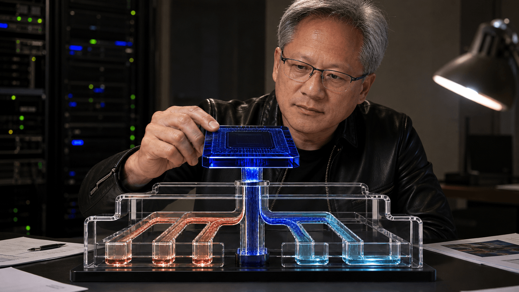 Jensen Huang, in his black leather jacket, lowers a glowing blue processor onto the top of a clear acrylic model whose channels branch outward in red and blue, at a desk in front of a dim server rack.