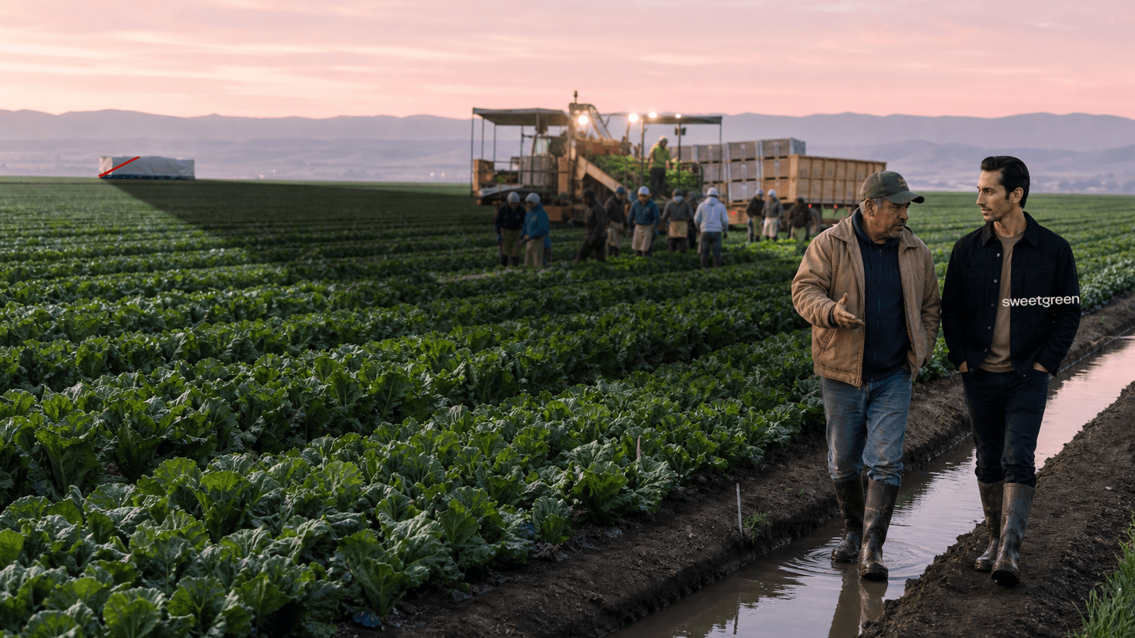 Two men walk through the shallow water of an irrigation channel between long rows of lettuce at dawn. An older grower in a canvas jacket and cap talks with his hands open to a younger man in a dark jacket marked sweetgreen. Behind them a harvest crew loads crates onto a rig under work lights, with low hills and a pink sky beyond.