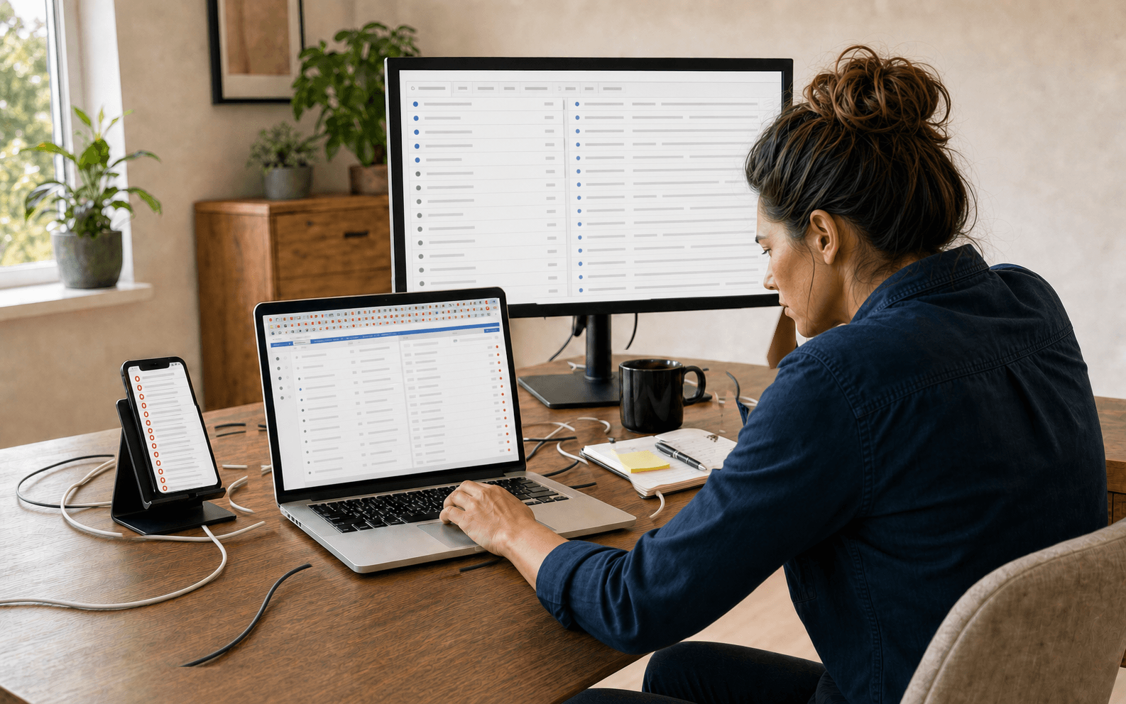 A business owner facing missed calls, too many browser tabs, an overloaded inbox, and tangled desk cables.