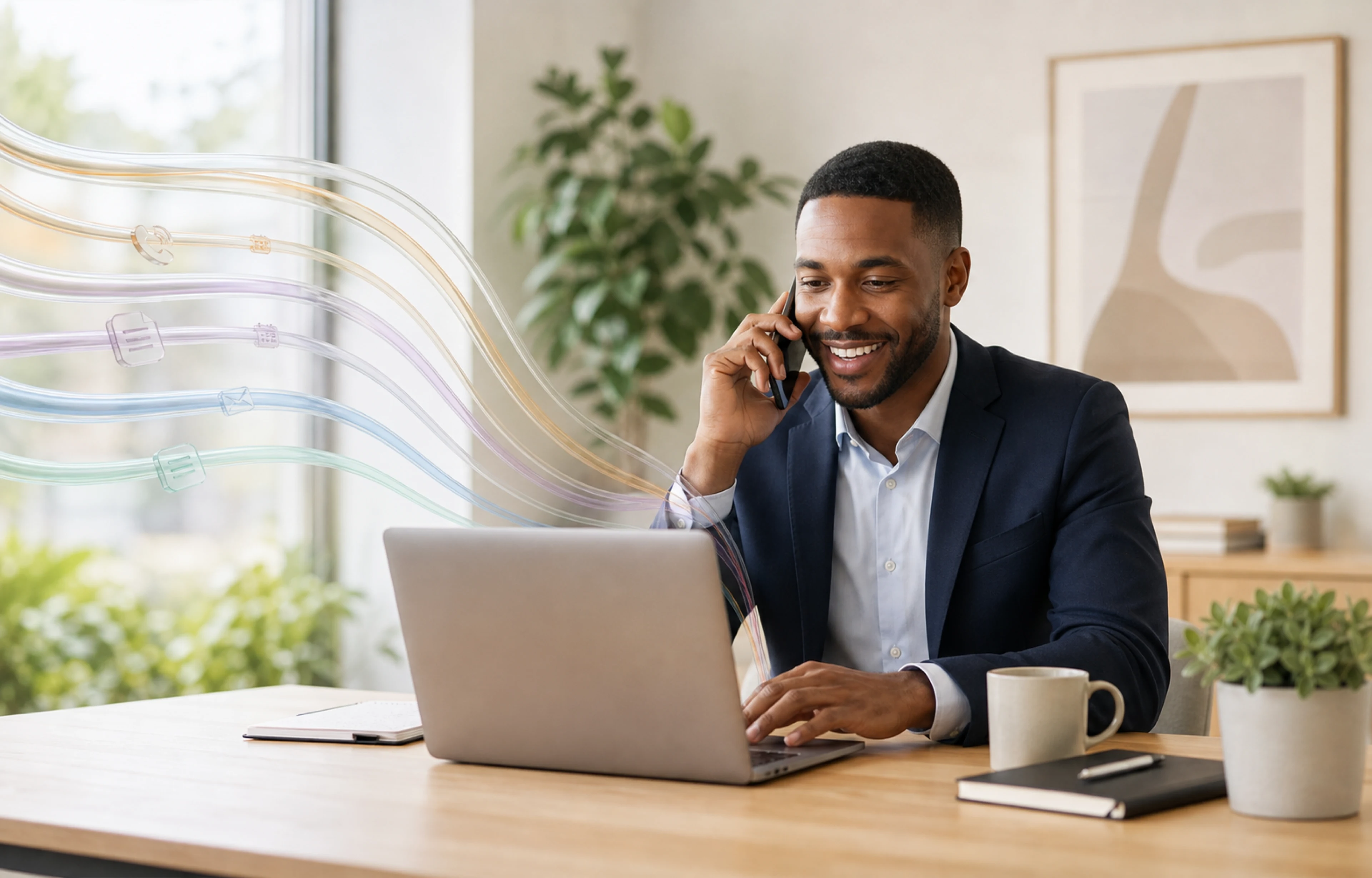 A happy sales professional speaking with a customer while lead information stays organized.