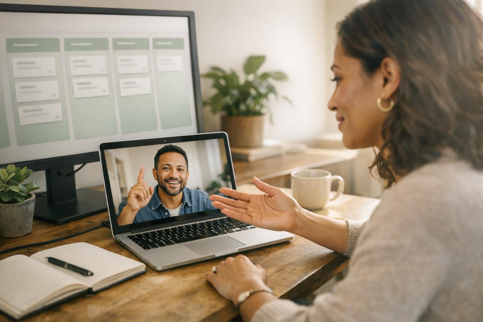 Two colleagues on a video call building out a project board together