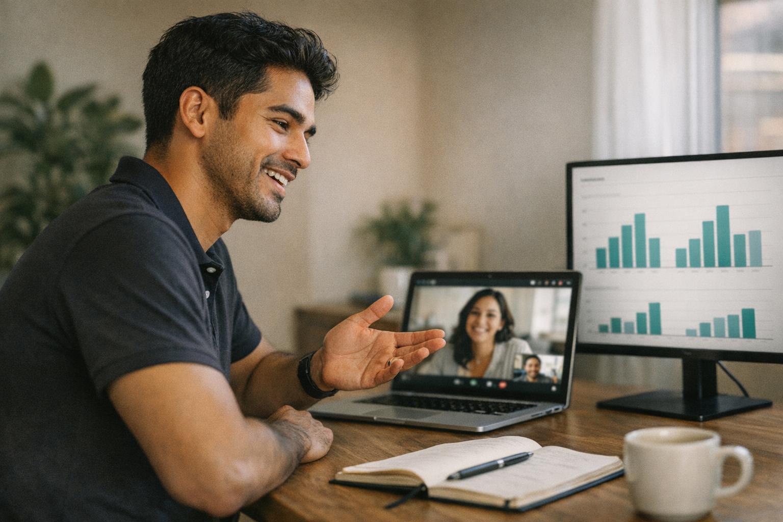 A Sato client success manager in an office on a video call, walking a client through their weekly numbers