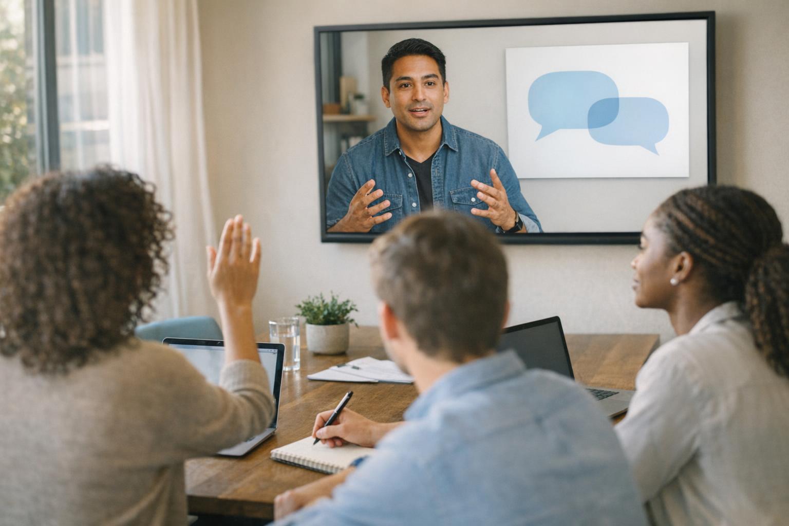 A small team in a training session, joining a trainer over a video call