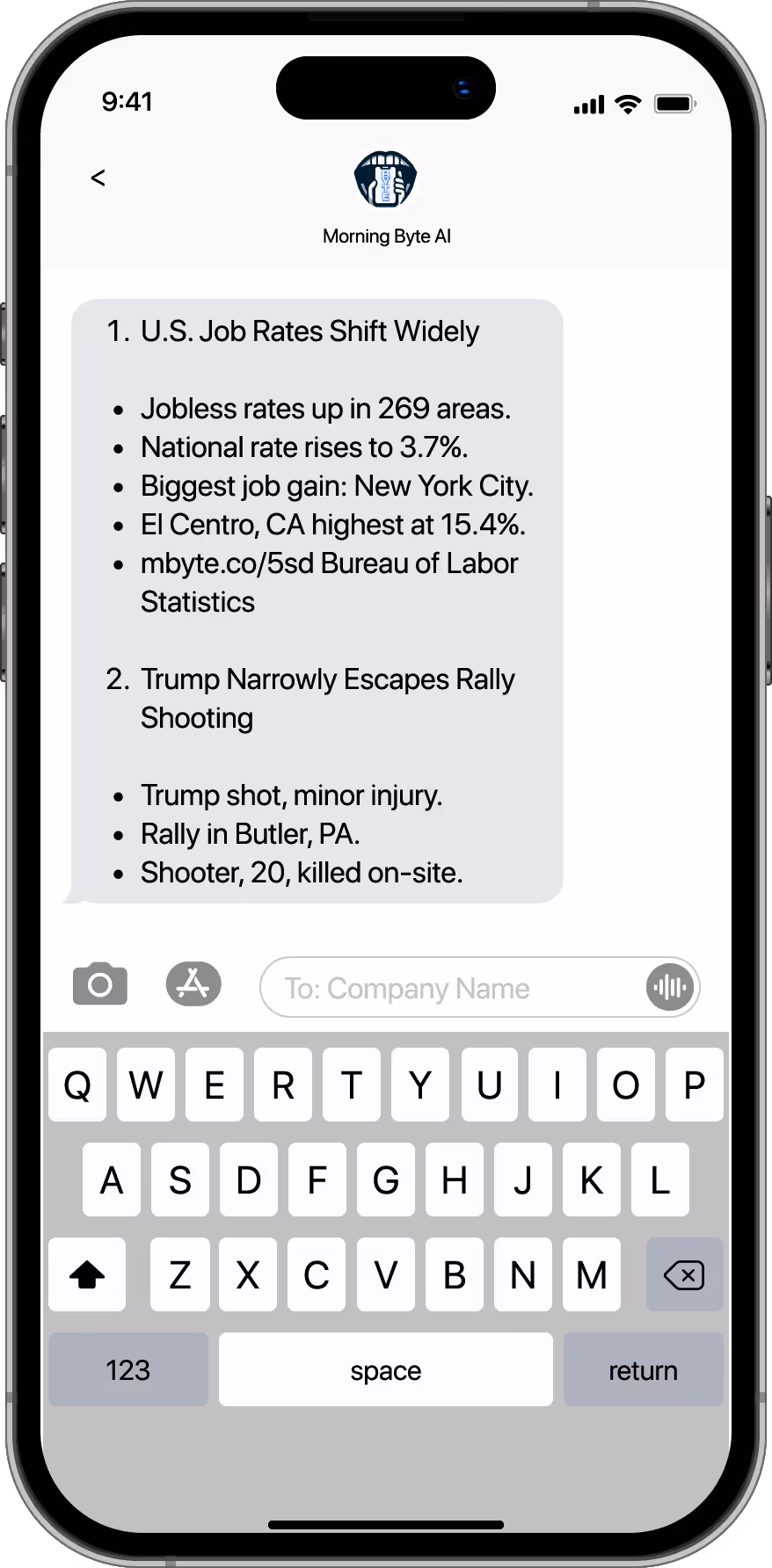 Original Morning Byte text-message briefing on a phone