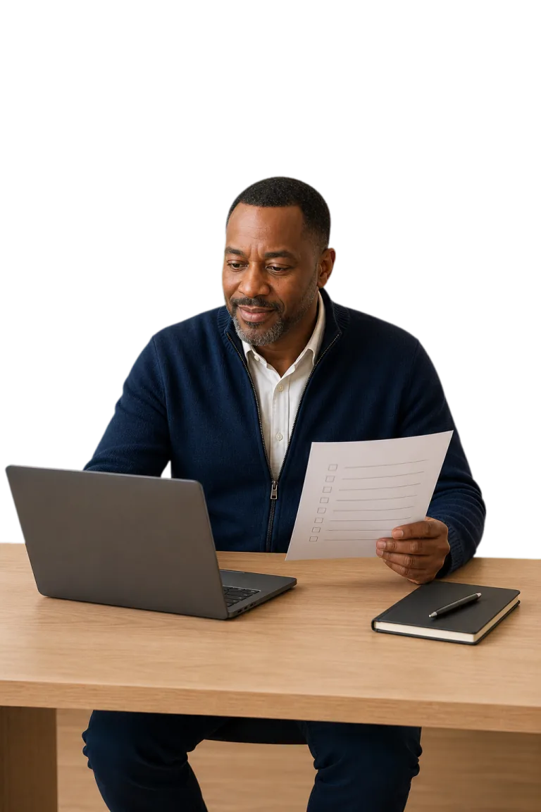 A Sato account manager reviewing a supported system at a desk.