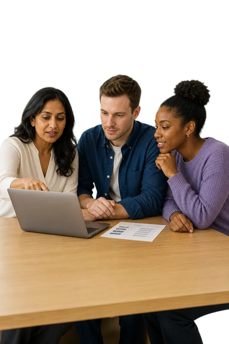 Three coworkers practicing a real software workflow together around a laptop.