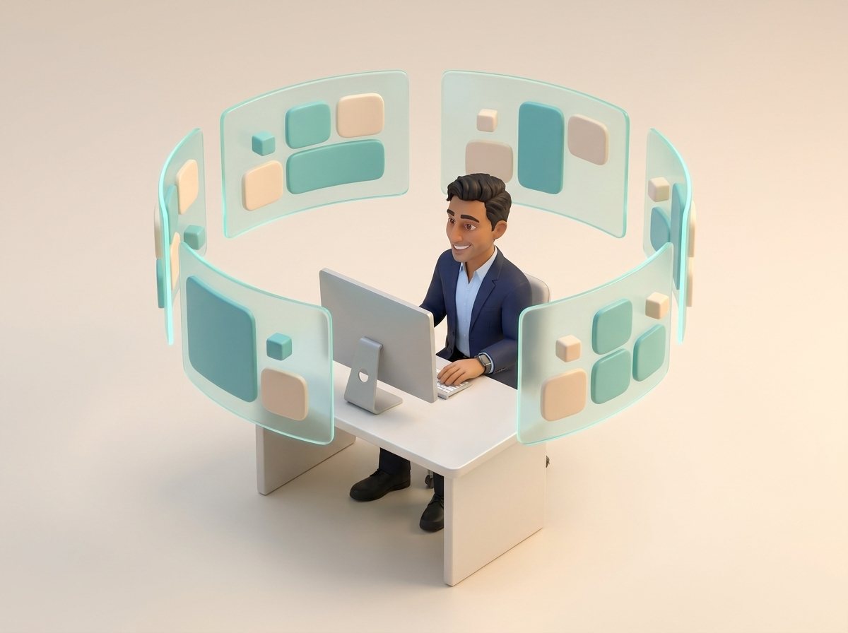 Keith at his desk, smiling toward his monitor, with floating screens of soft teal and ivory shapes arranged in a ring around him.