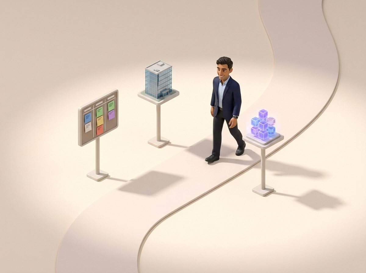 Keith walking a curving path past three signposts: a board of project cards, a glass office building, and a glowing violet cube cluster.