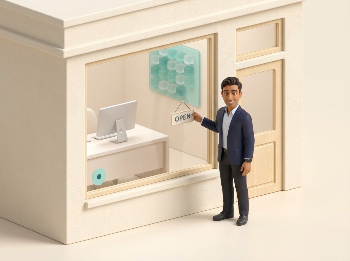 Keith at the door of a small shop, turning the hanging sign to Open, with a desk, a monitor and a glowing teal board inside.