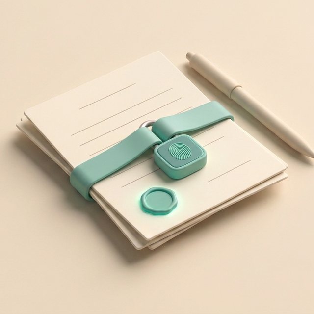A signed agreement: two cream pages bound by a teal band, a small teal padlock clasped around the band with a fingerprint on its face, a teal seal below it, and a pen resting beside the pages.