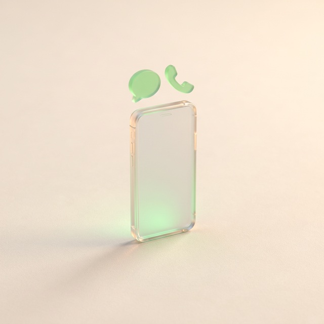 A clear glass phone standing upright with a green speech bubble and a green handset glyph floating above it.