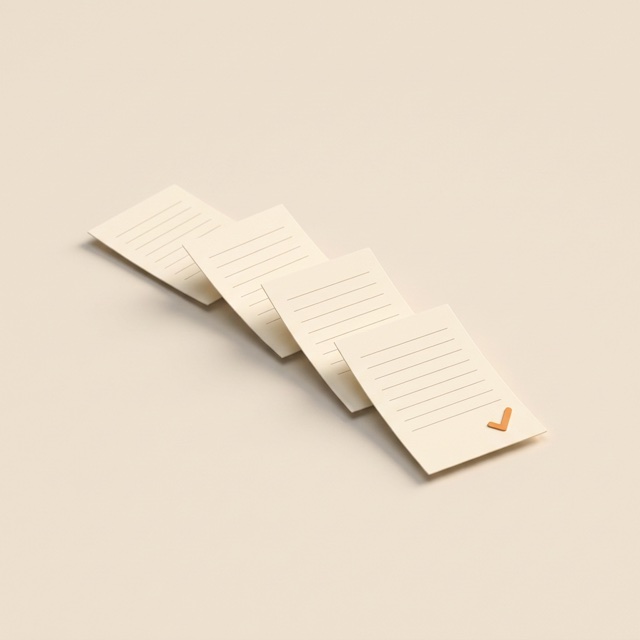 A paper trail: four small cream pages laid one after another in a gentle curve, the front one carrying a small orange check.