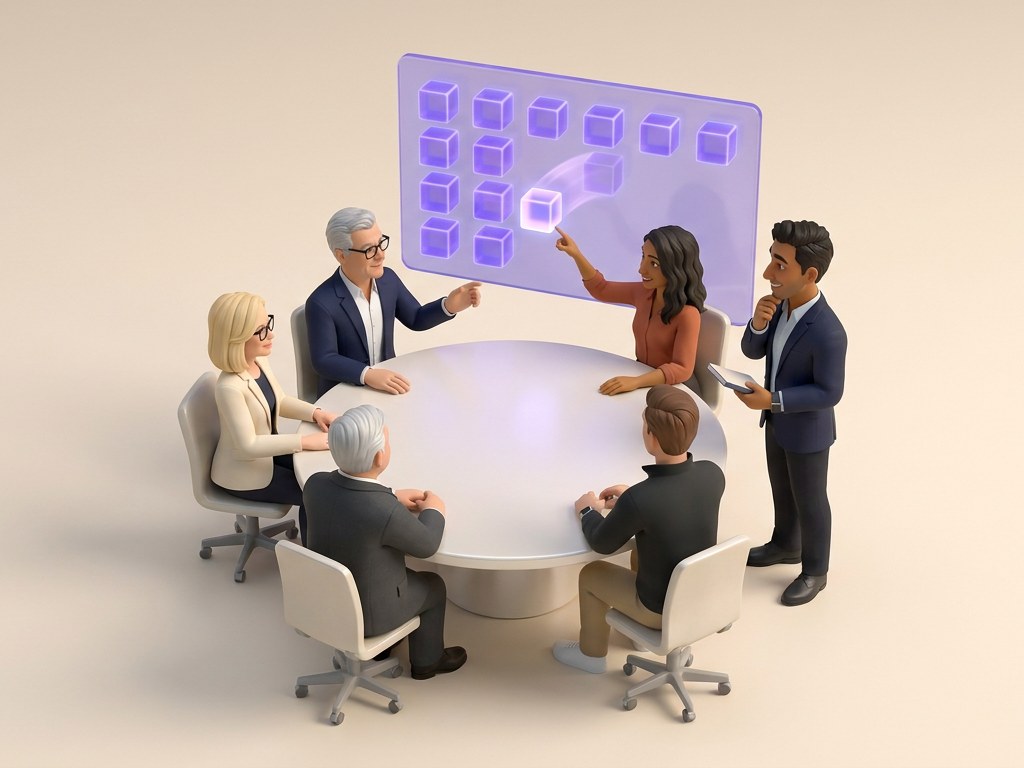Five business owners around a table with Keith standing beside it, listening with a notebook, a board of the work floating above them.